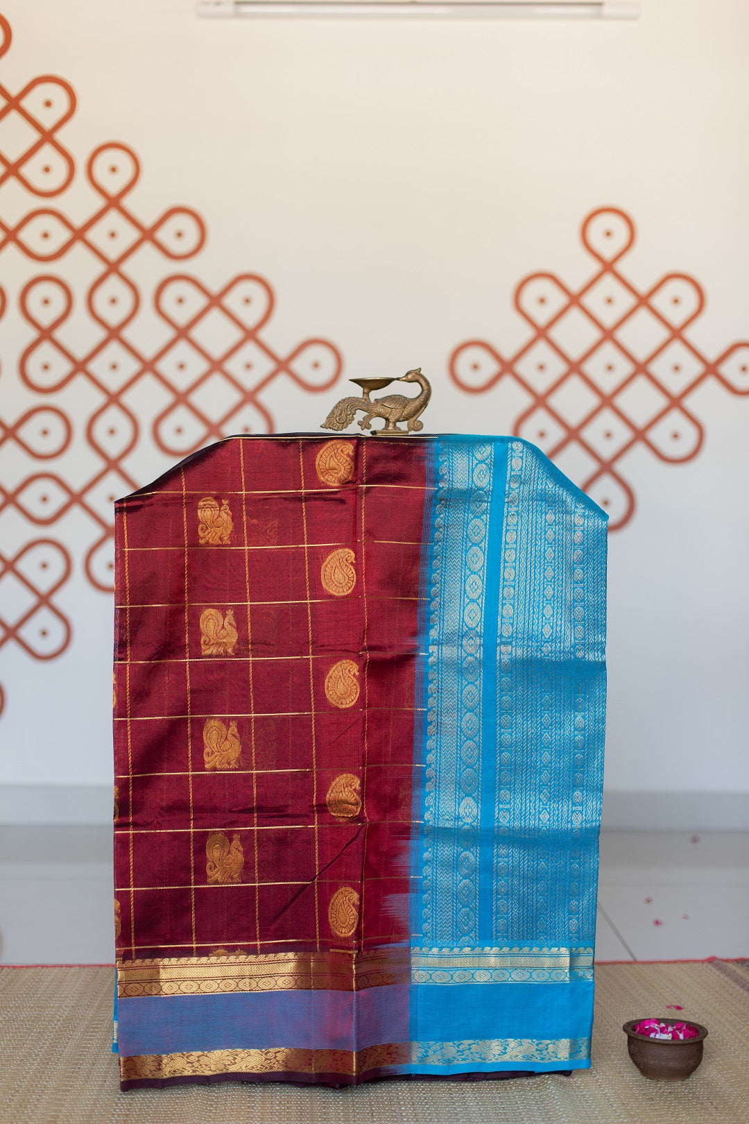 Maroon with azure blue - Peacock & mango butta checks - with rettaipet border