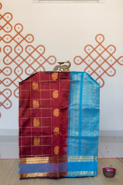 Maroon with azure blue - Peacock & mango butta checks - with rettaipet border