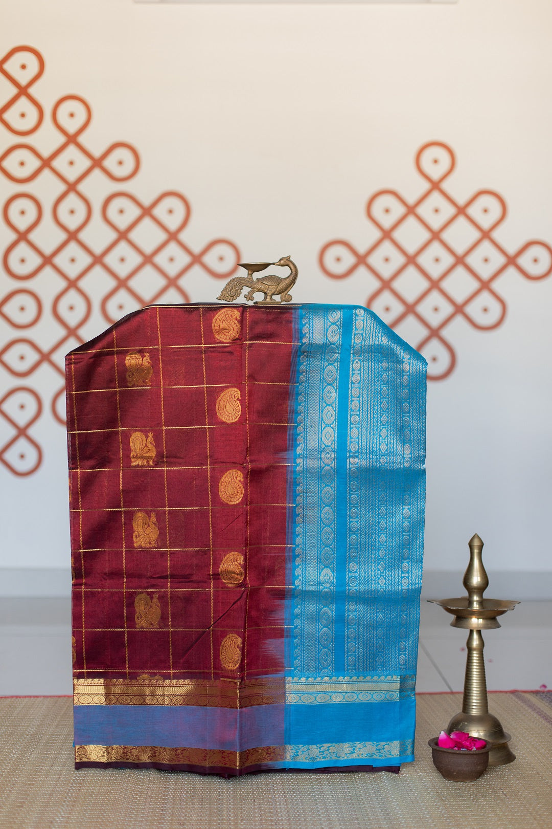 Maroon with azure blue - Peacock & mango butta checks - with rettaipet border
