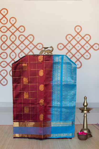 Maroon with azure blue - Peacock & mango butta checks - with rettaipet border