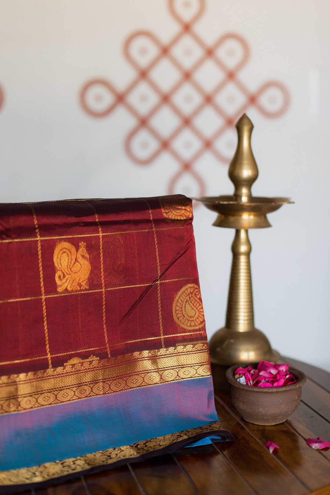 Maroon with azure blue - Peacock & mango butta checks - with rettaipet border