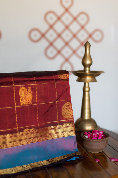 Maroon with azure blue - Peacock & mango butta checks - with rettaipet border