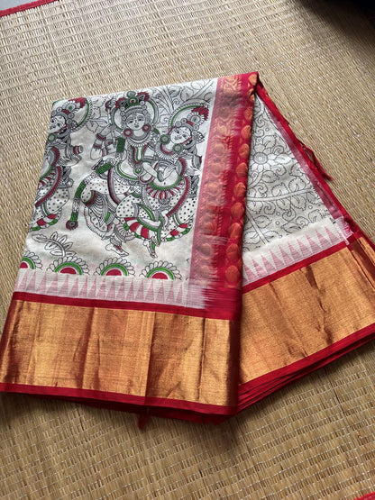Kerala Mural Handpainted Silk Cotton - White with Red