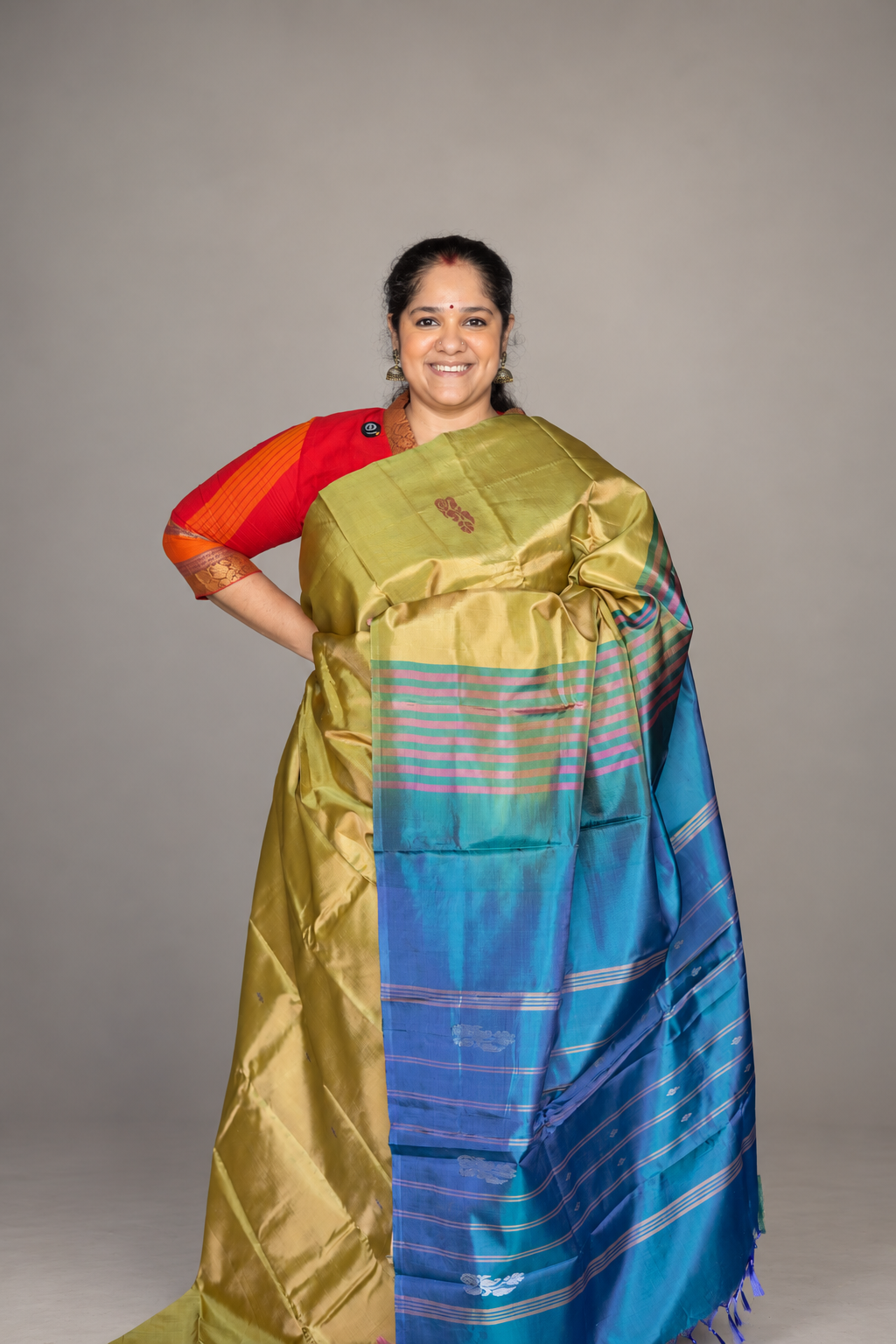Light Olive Yellow Chinnalampattu Saree with Peacock Blue