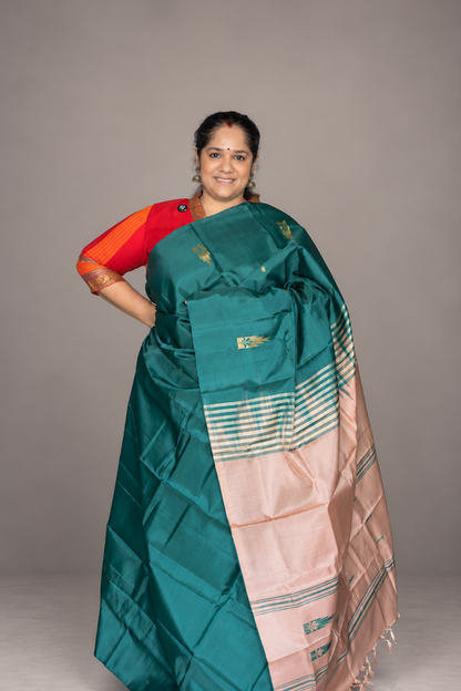 Light Bottle Green Chinnalampattu Saree with Beige