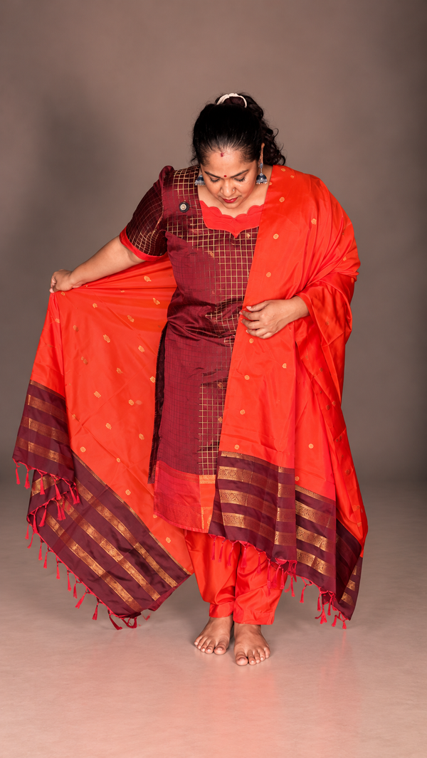 Coffee Brown & Rust Orange Muthukattam Soft Silk - 3 Pc Suit Set
