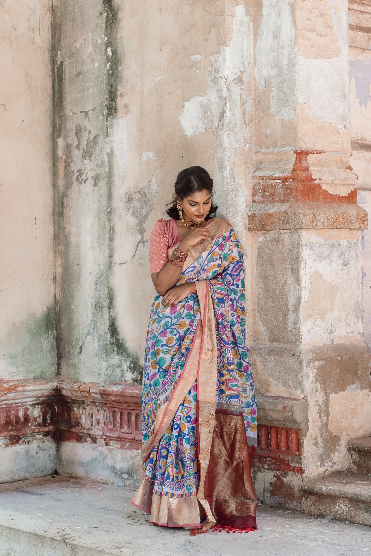 White kalamkari with marron pallu & vanasingaaram border