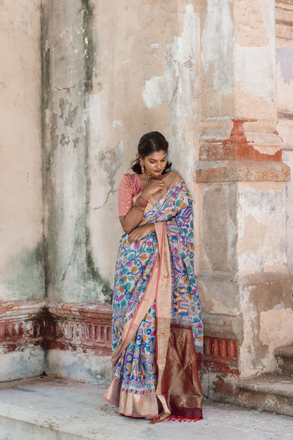 White kalamkari with marron pallu & vanasingaaram border