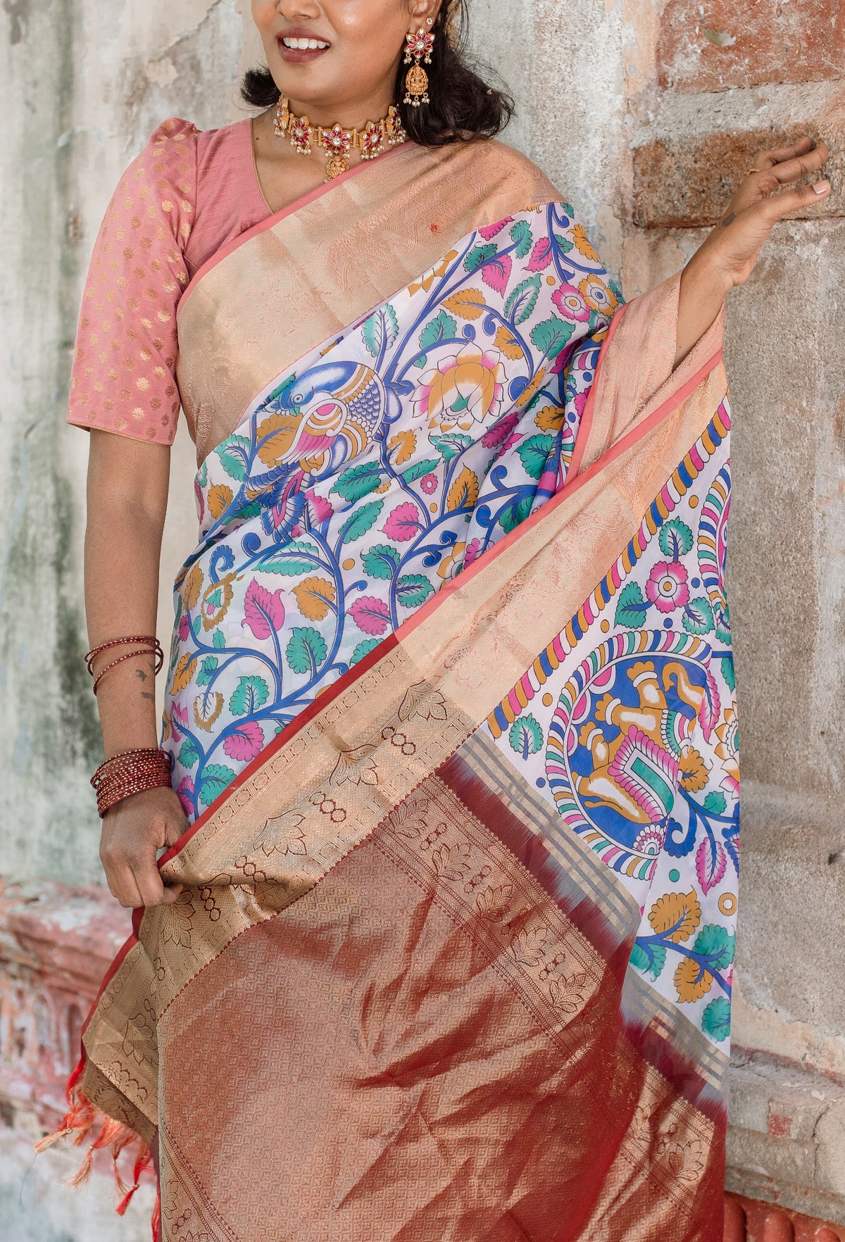 White kalamkari with marron pallu & vanasingaaram border