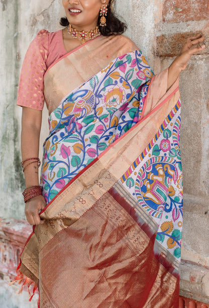 White kalamkari with marron pallu & vanasingaaram border