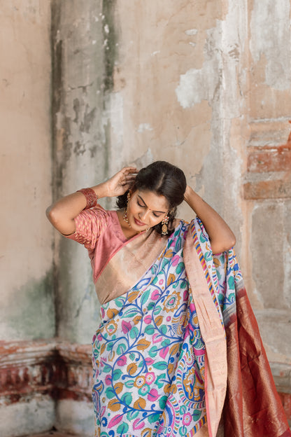White kalamkari with marron pallu & vanasingaaram border