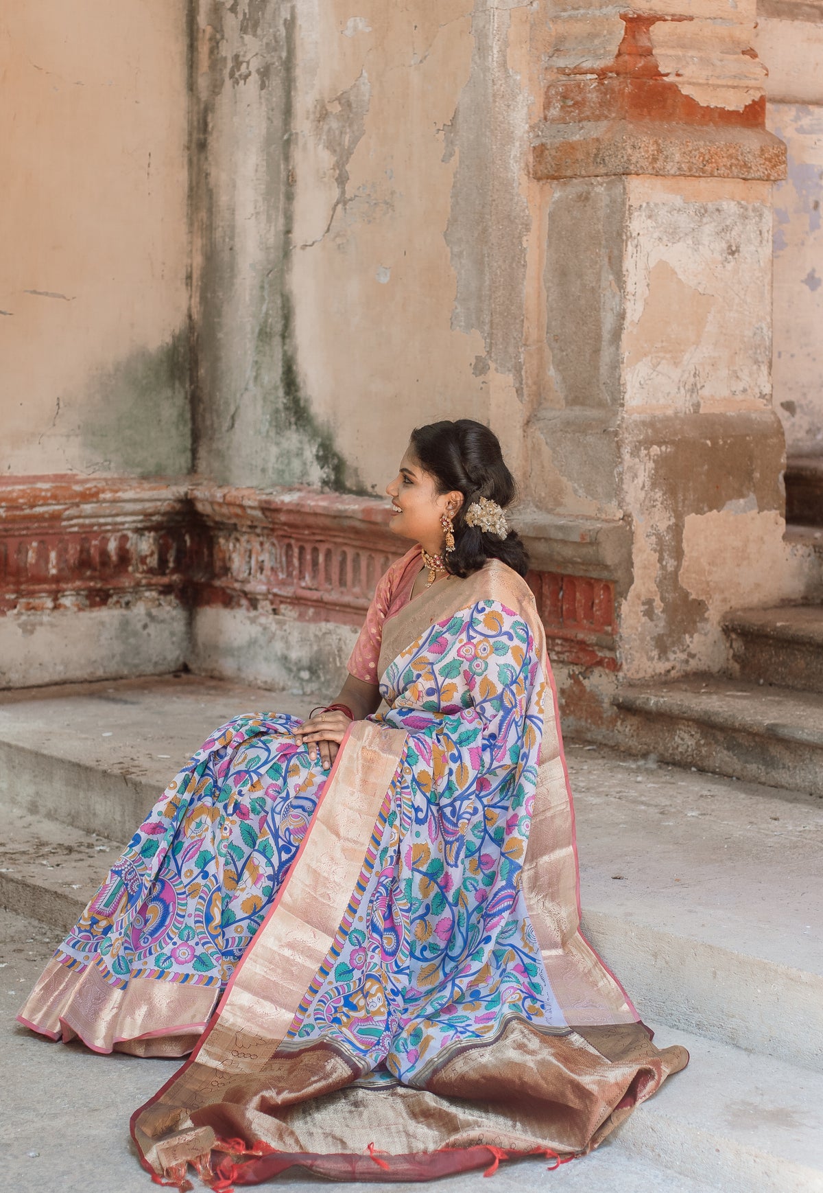 White kalamkari with marron pallu & vanasingaaram border