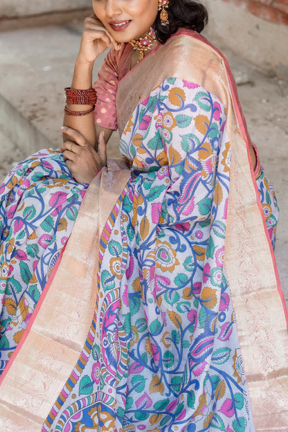 White kalamkari with marron pallu & vanasingaaram border