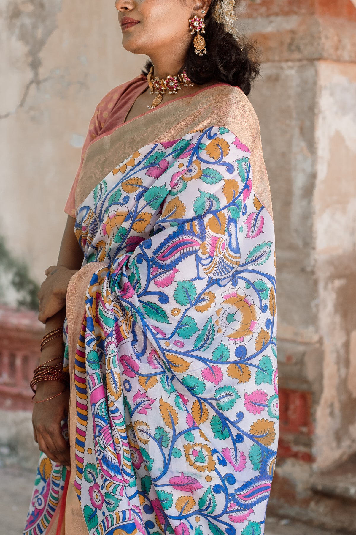 White kalamkari with marron pallu & vanasingaaram border
