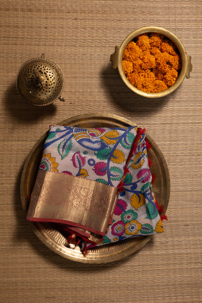 White kalamkari with marron pallu & vanasingaaram border