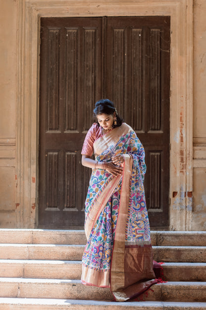 White kalamkari with marron pallu & vanasingaaram border