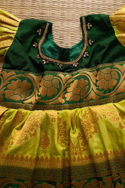 Cardoman Green gown(buttas) with dark green combination - 6M