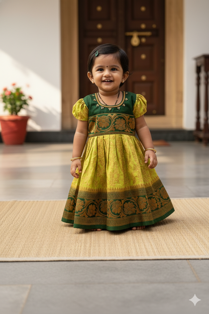 Cardoman Green gown(buttas) with dark green combination - 6M