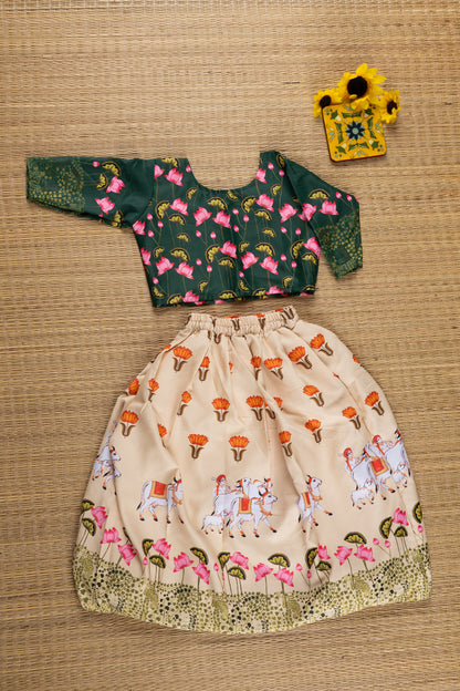 Green crop top with pichwai printed sandal skirt- 3Y