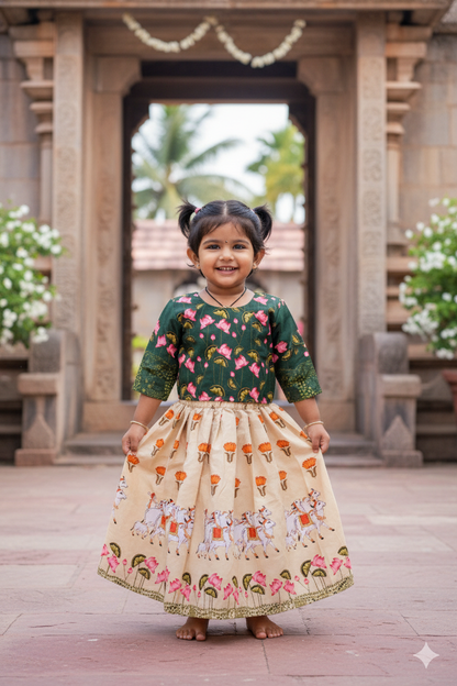 Green crop top with pichwai printed sandal skirt- 4Y