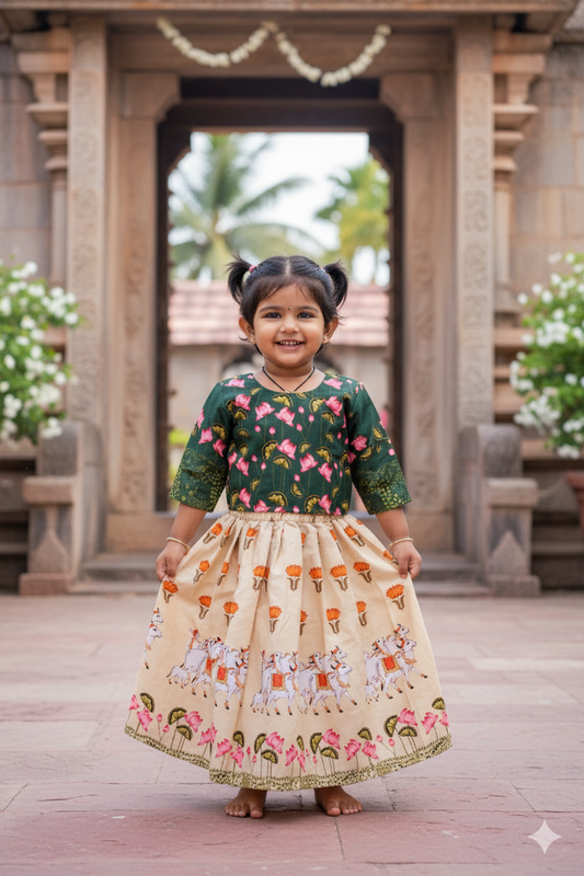 Green crop top with pichwai printed sandal skirt- 4Y