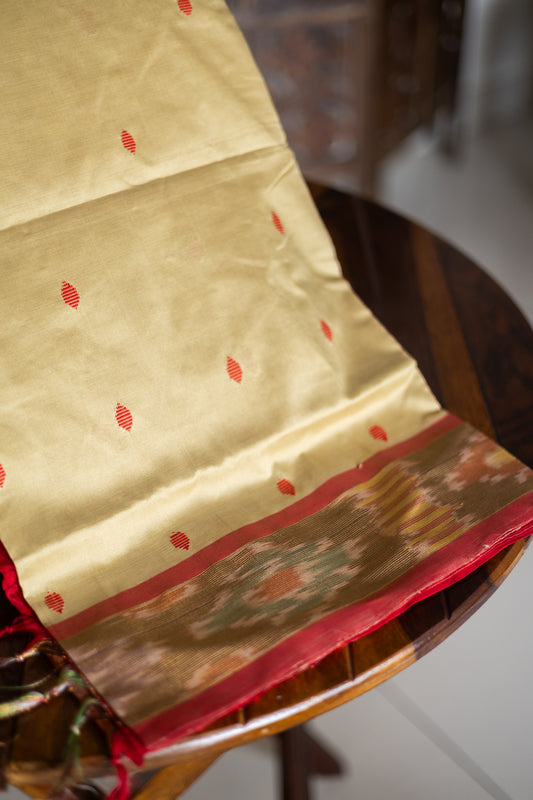 kasavu golden colour with reddish orange pochampally semi silk cotton