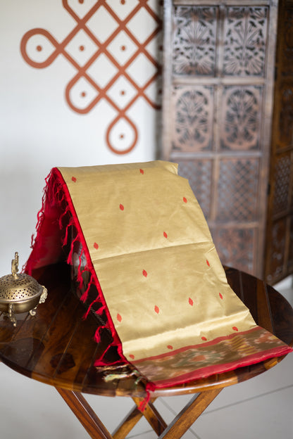 kasavu golden colour with reddish orange pochampally semi silk cotton