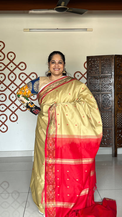kasavu golden colour with reddish orange pochampally semi silk cotton