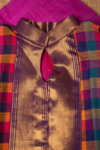 Madras checks  top with vadamalli  pink skirt - 3Y