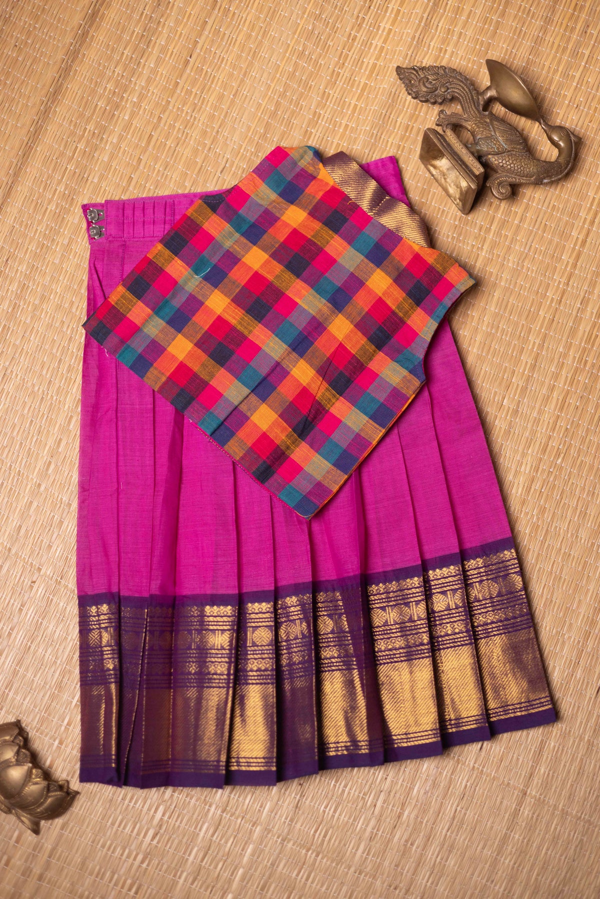 Madras checks top with vadamalli  pink skirt -5Y