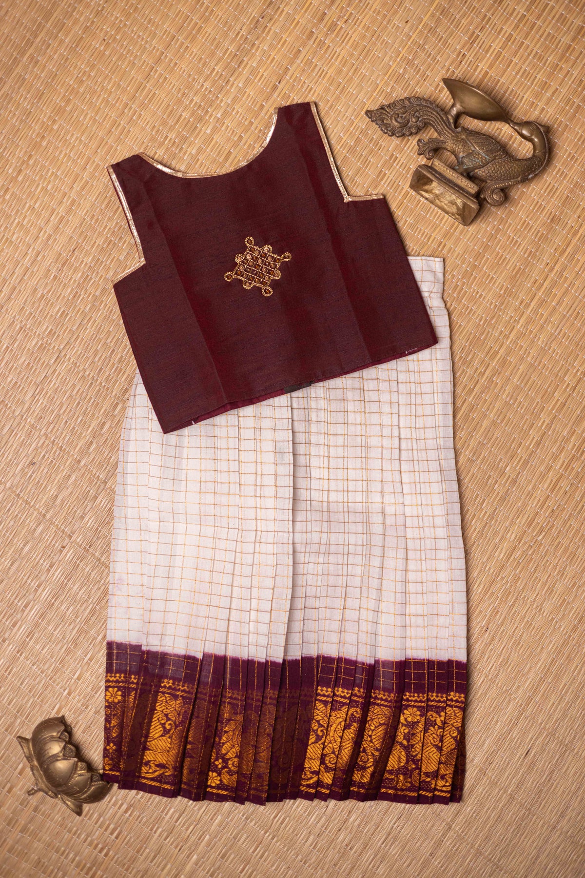 Coffee brown top with kolam aari work with white zari checks sungudi cotton skirt -1Y
