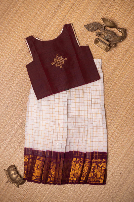 Coffee brown top with kolam aari work with white zari checks sungudi cotton skirt - 2Y