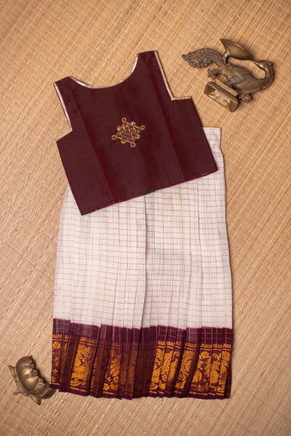 Coffee brown top with kolam aari work with white zari checks sungudi cotton skirt -5Y