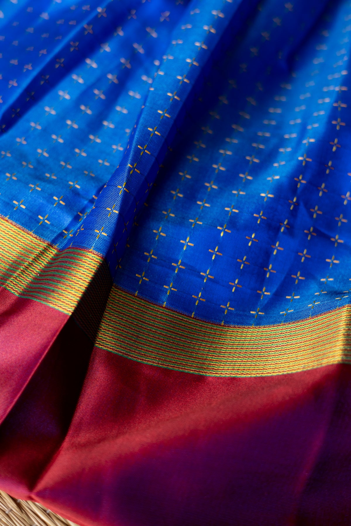 Maroon crop top with electric blue skirt
