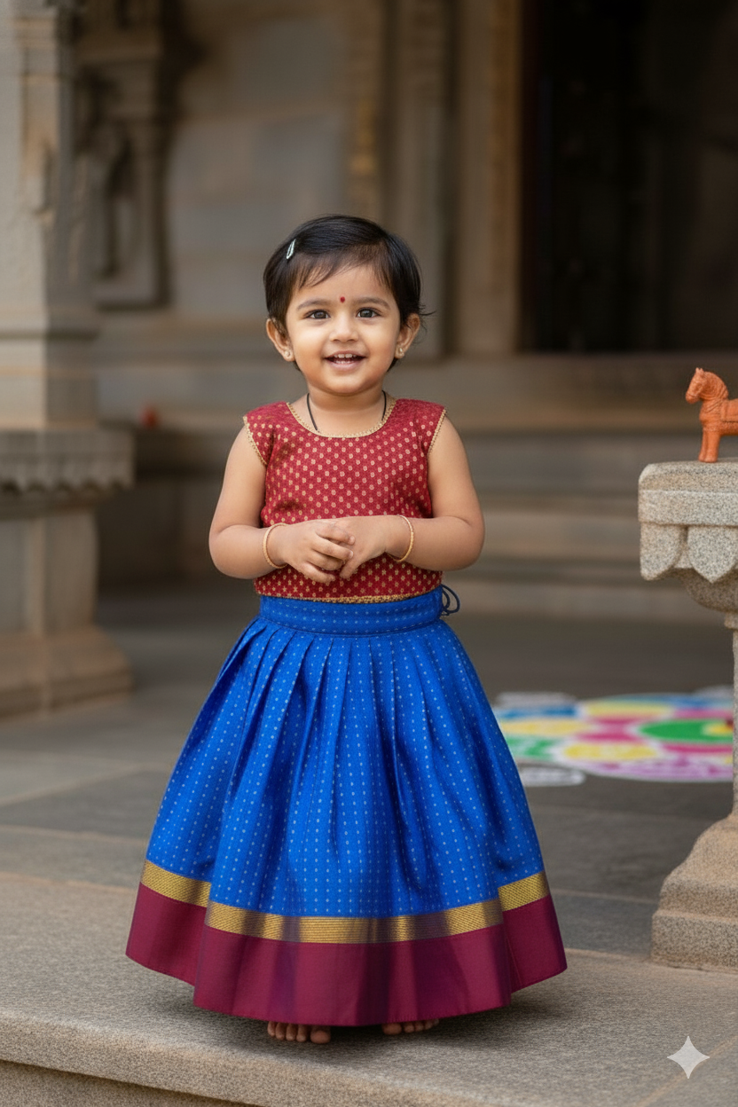 Maroon crop top with electric blue skirt