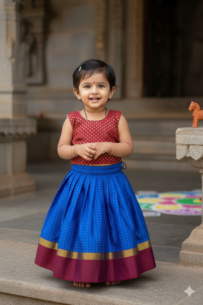 Maroon crop top with electric blue skirt