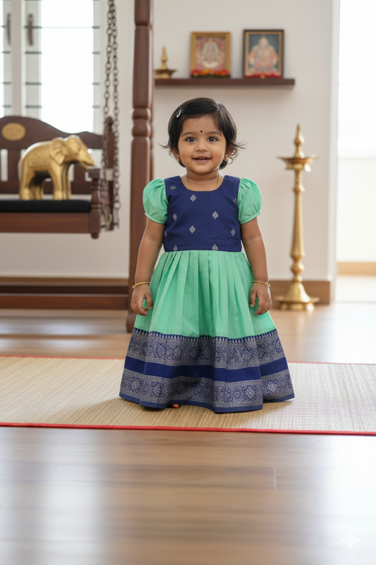 Navy blue with pista green frock - 1Y