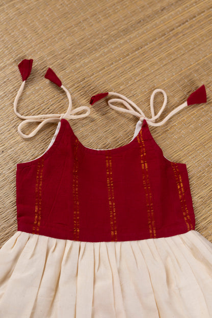 Off White and Maroon Sungudi Tie Up Frock