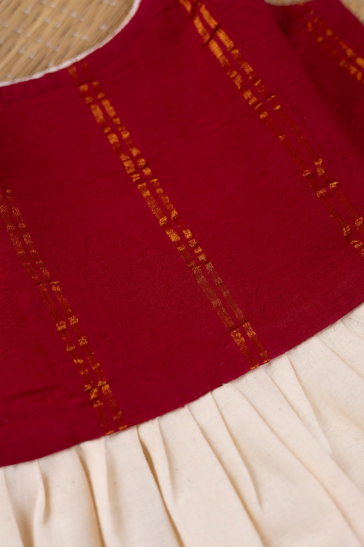 Off White and Maroon Sungudi Tie Up Frock