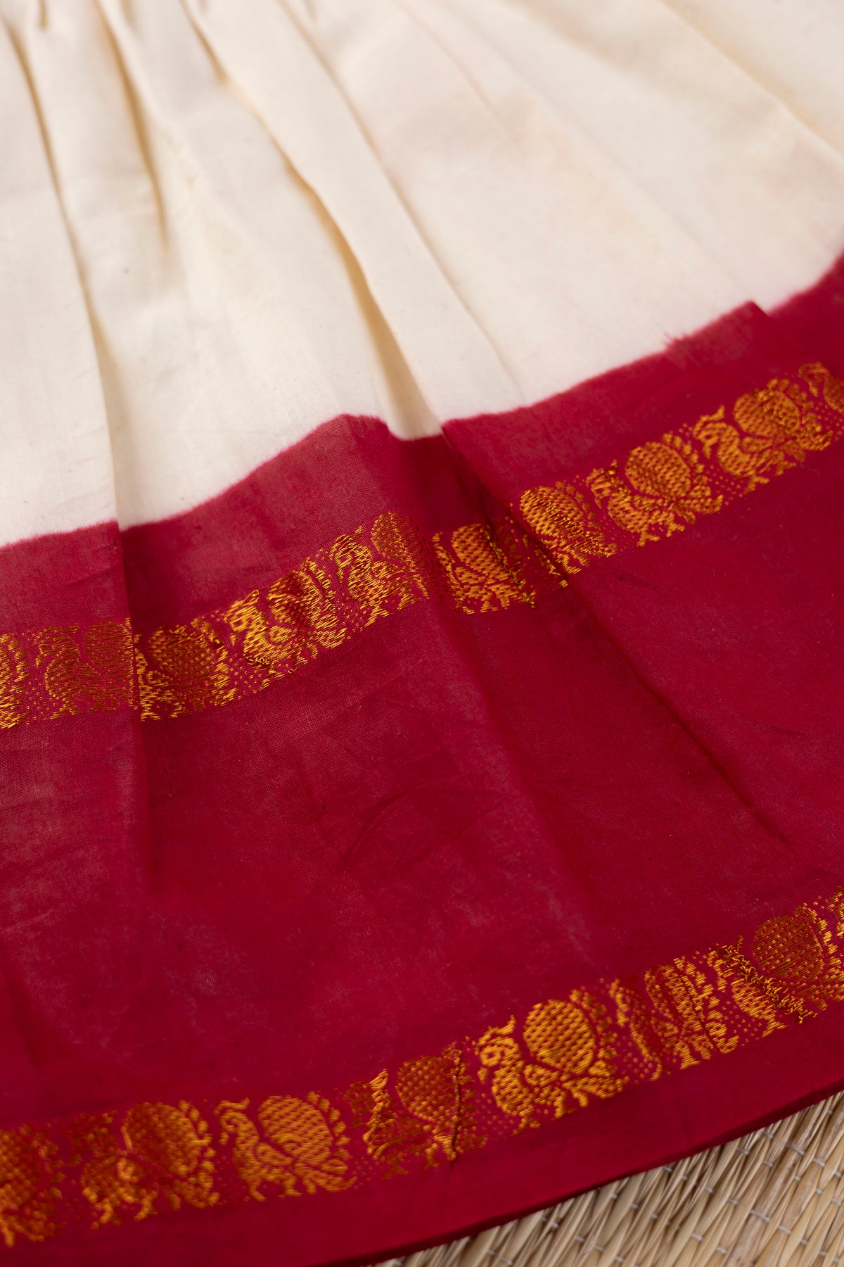 Off White and Maroon Sungudi Tie Up Frock