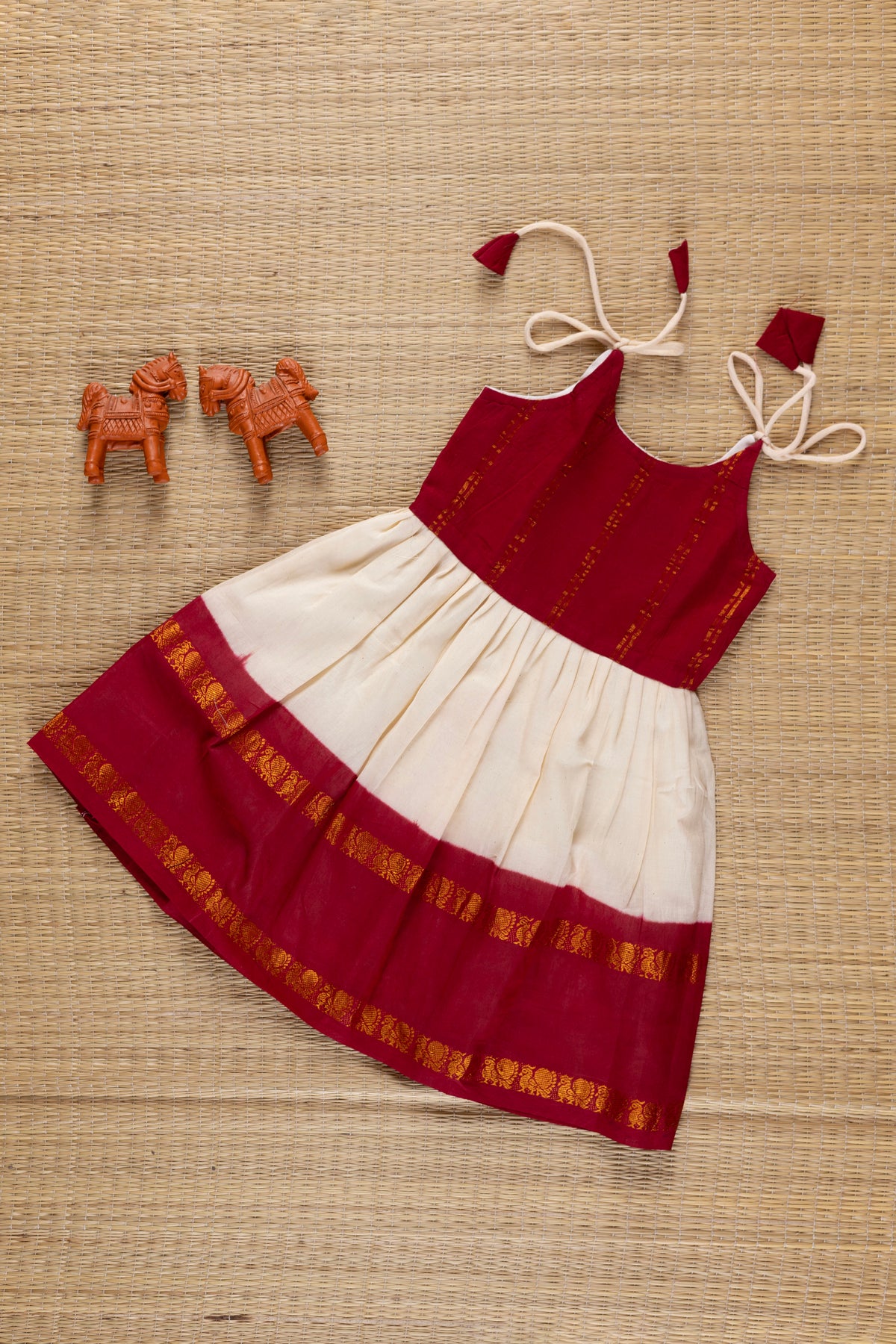 Off White and Maroon Sungudi Tie Up Frock