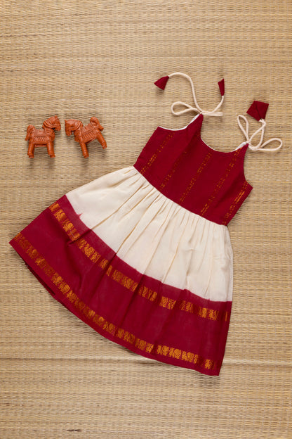 Off White and Maroon Sungudi Tie Up Frock