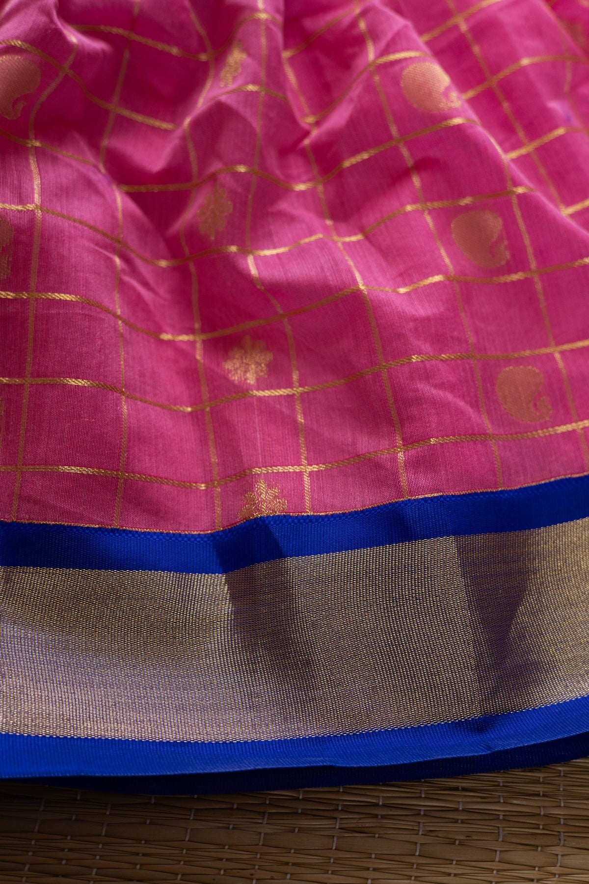Pink checked gown with royal blue combination - 1Y