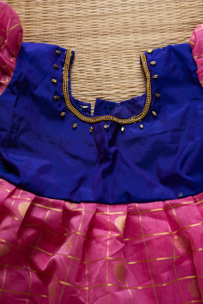 Pink checked gown with royal blue combination - 1Y