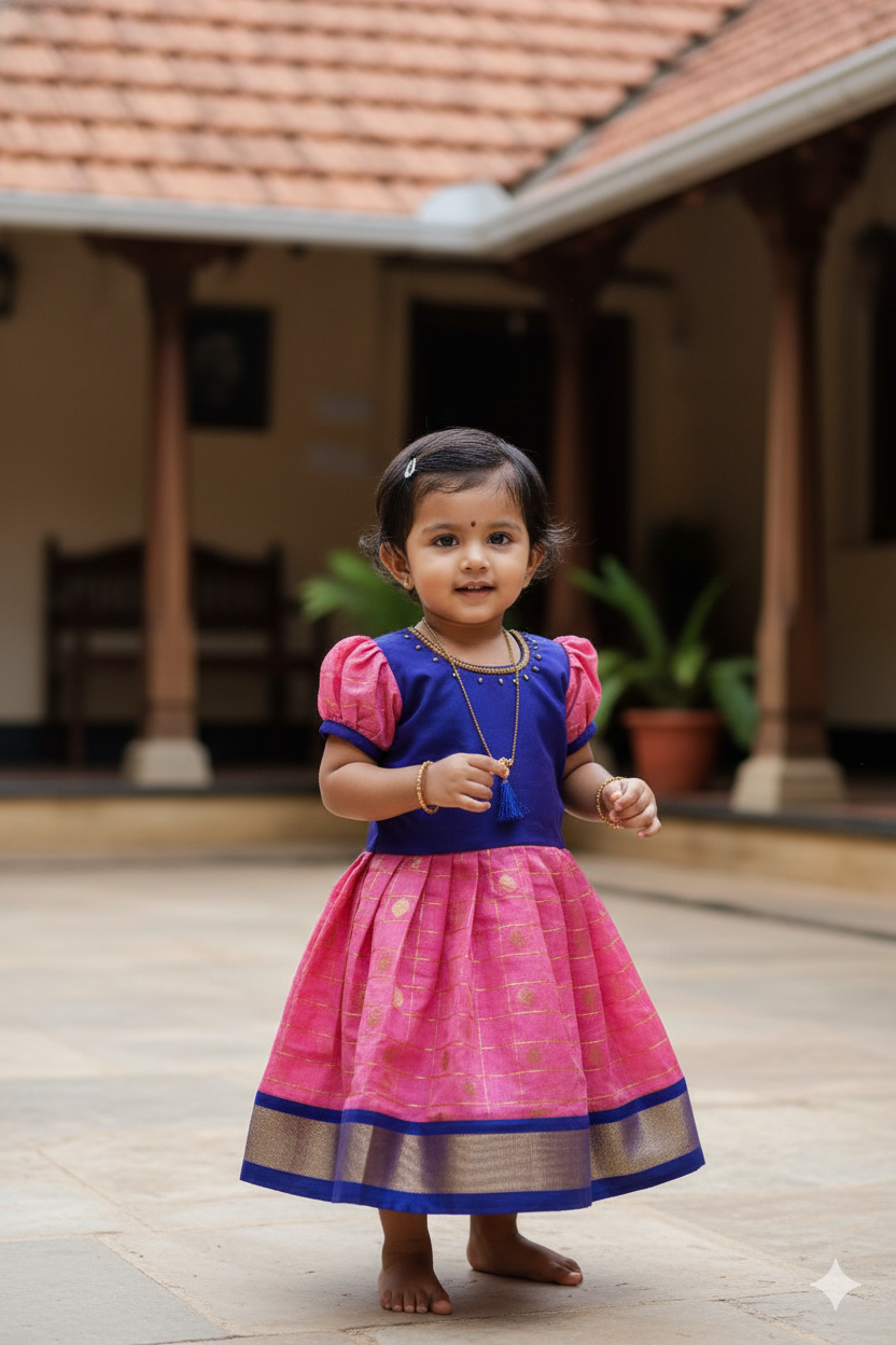 Pink checked gown with royal blue combination - 1Y