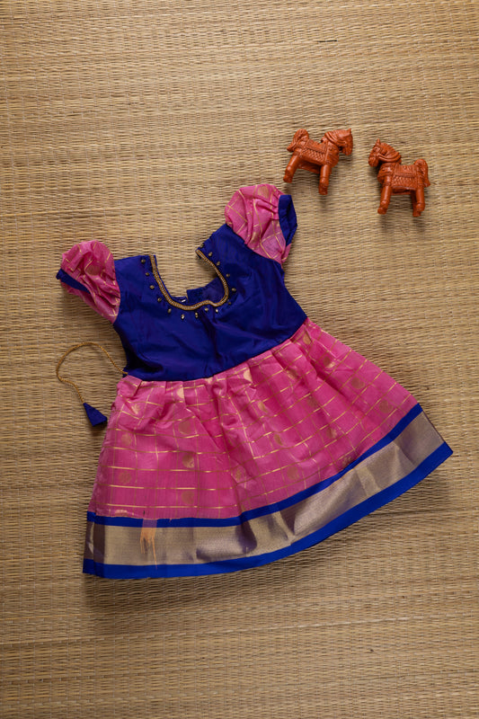 Pink checked gown with royal blue combination - 1Y