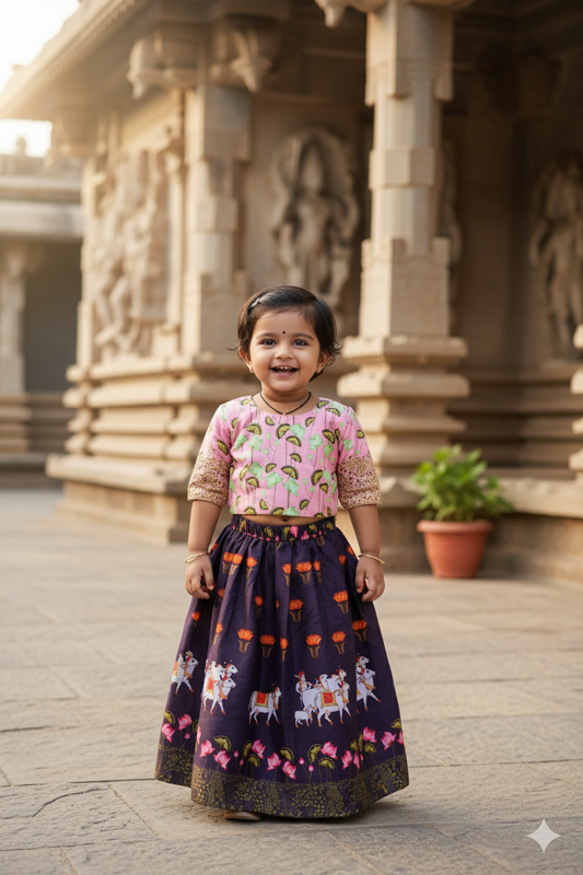 Pink crop top with pichwai printed purple skirt- 4Y